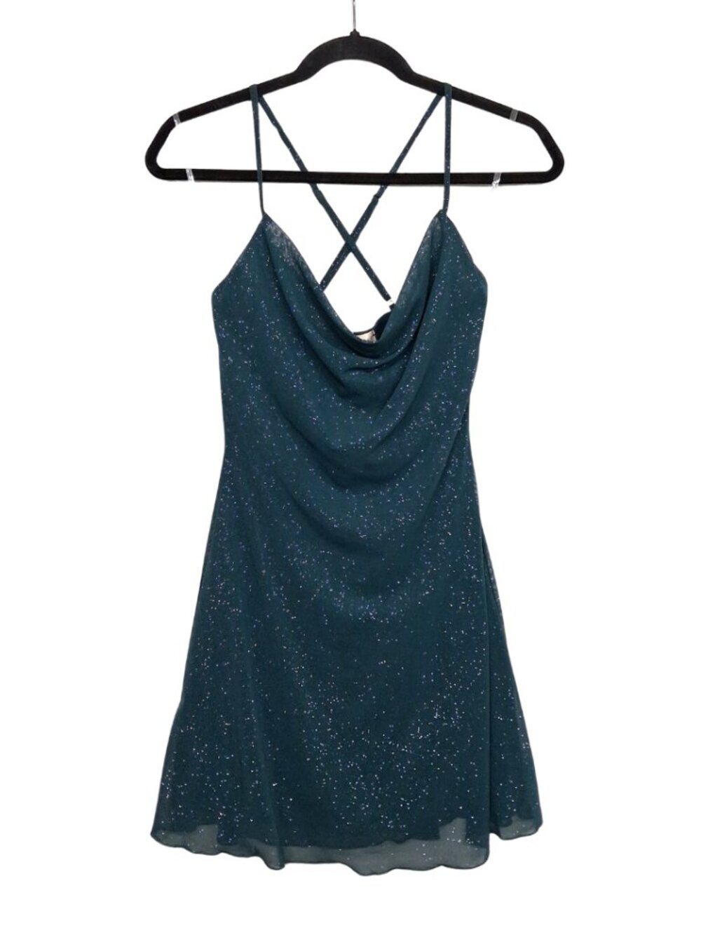 MISTYROSE Sparkle Dress Teal Mini Criss Cross Back Cowl Slip Medium NWT
